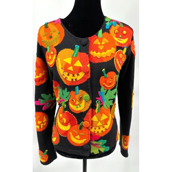 Michael Simon Sweaters - Michael Simon Womens Crew Neck Cardigan Medium Black Halloween Pumpkin Cotton
